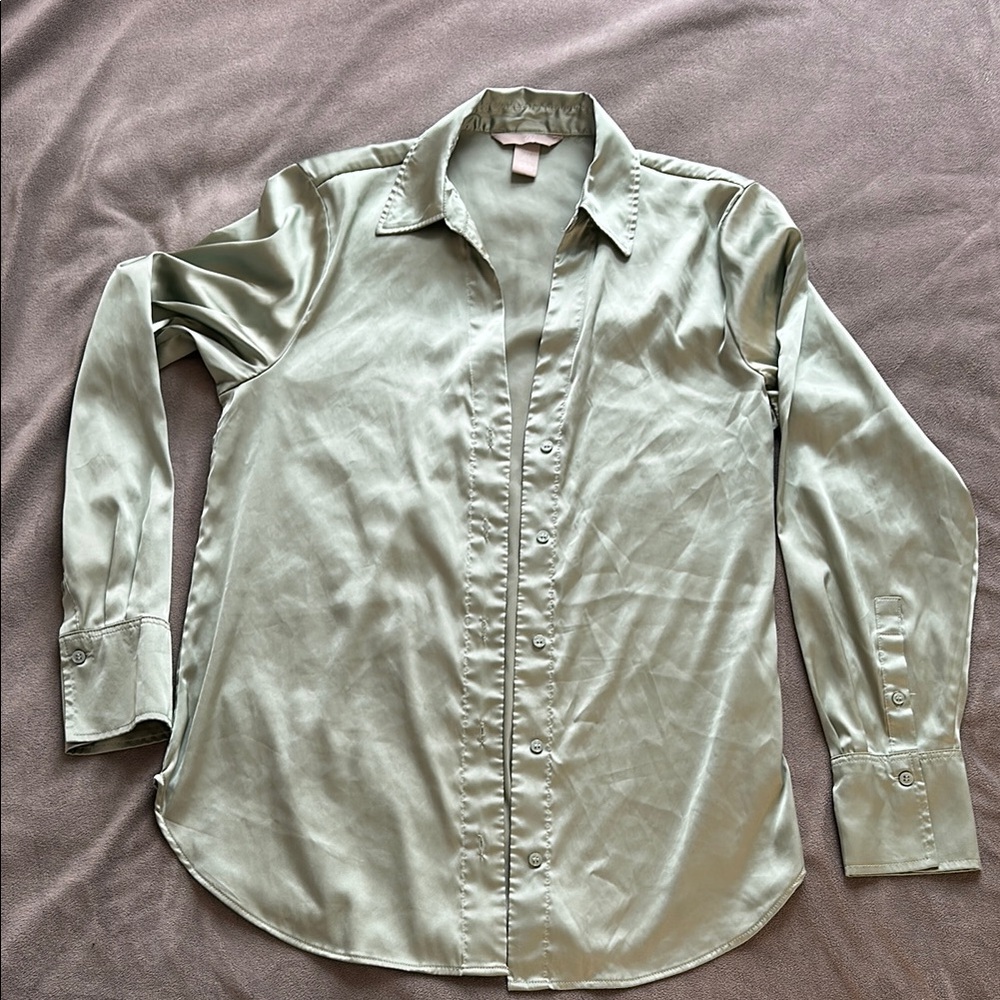 Green satin button up